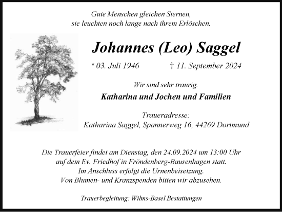 Traueranzeige von Johannes Saggel von Tageszeitung