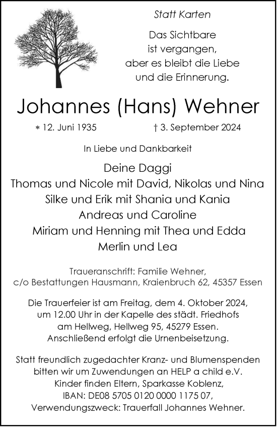 Traueranzeige von Johannes Wehner von Tageszeitung
