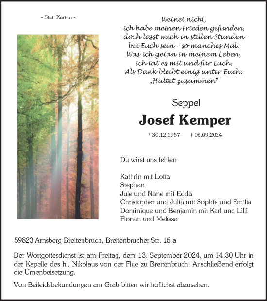 Traueranzeige von Josef Kemper von Tageszeitung