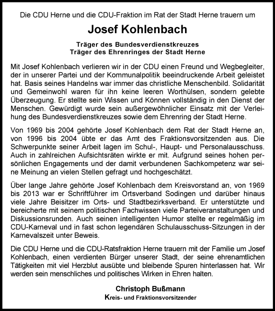 Traueranzeige von Josef Kohlenbach von Tageszeitung