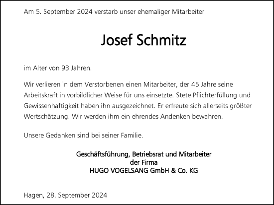 Traueranzeige von Josef Schmitz von Tageszeitung