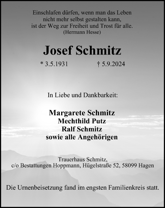 Traueranzeige von Josef Schmitz von Tageszeitung