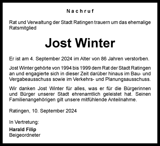 Traueranzeige von Jost Winter von Tageszeitung