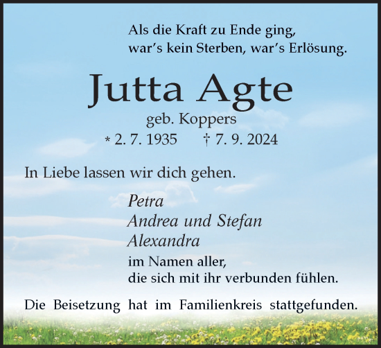 Traueranzeige von Jutta Agte von Tageszeitung