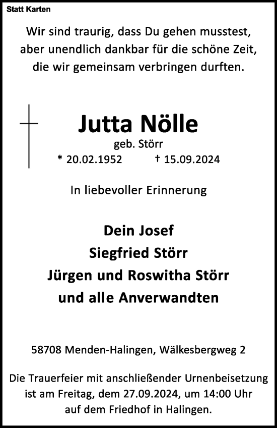 Traueranzeige von Jutta Nölle von Tageszeitung
