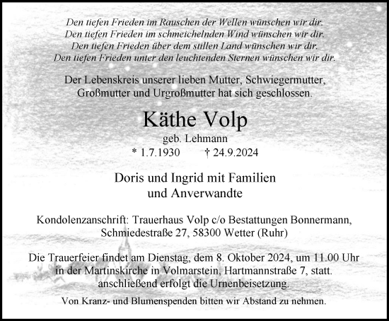 Traueranzeige von Käthe Volp von Tageszeitung