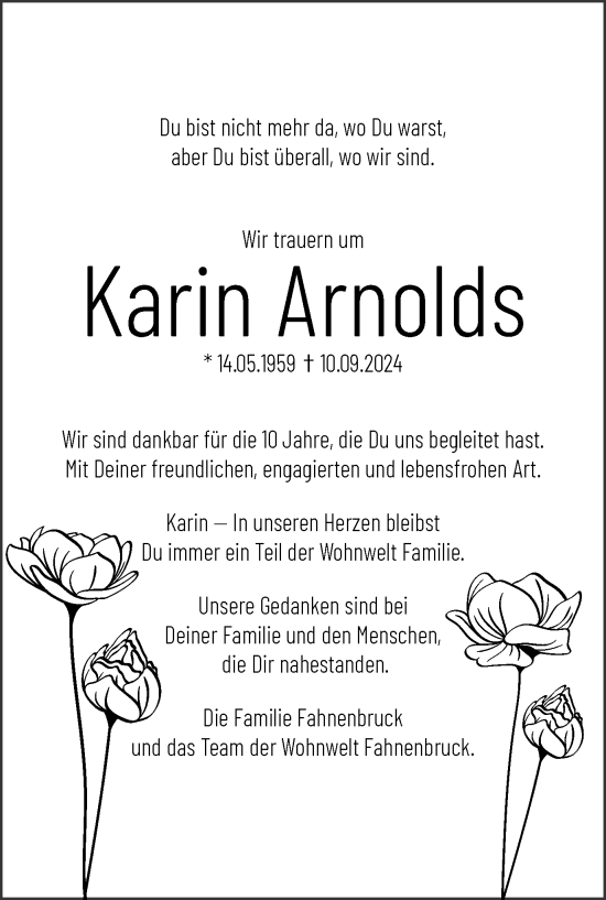 Traueranzeige von Karin Arnolds von Tageszeitung