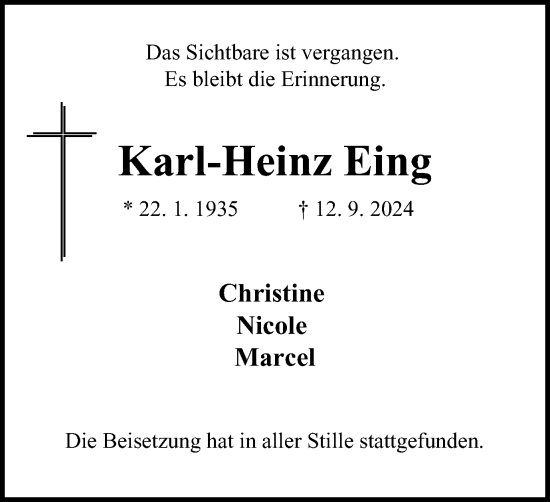 Traueranzeige von Karl-Heinz Eing von Tageszeitung