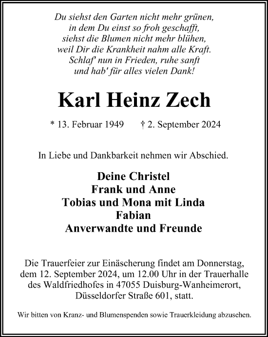 Traueranzeige von Karl Heinz Zech von Tageszeitung
