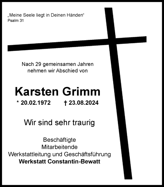 Traueranzeige von Karsten Grimm von Tageszeitung