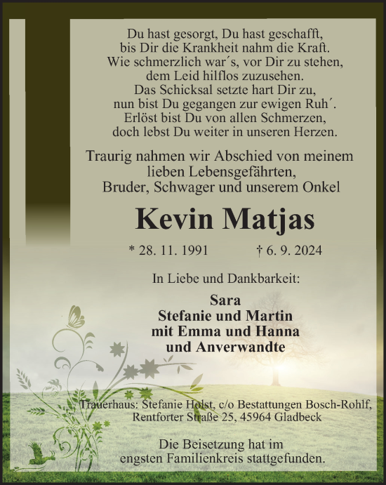 Traueranzeige von Kevin Matjas von Tageszeitung