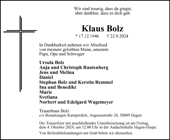 Traueranzeige von Klaus Bolz von Tageszeitung