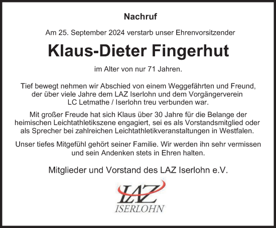 Traueranzeige von Klaus-Dieter Fingerhut von Tageszeitung
