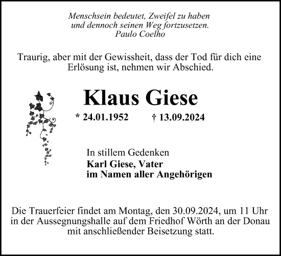 Traueranzeige von Klaus Giese von Tageszeitung