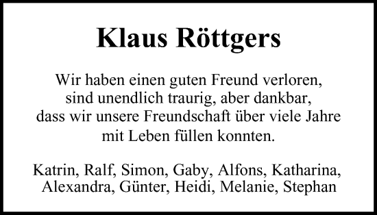 Traueranzeige von Klaus Röttgers von Tageszeitung