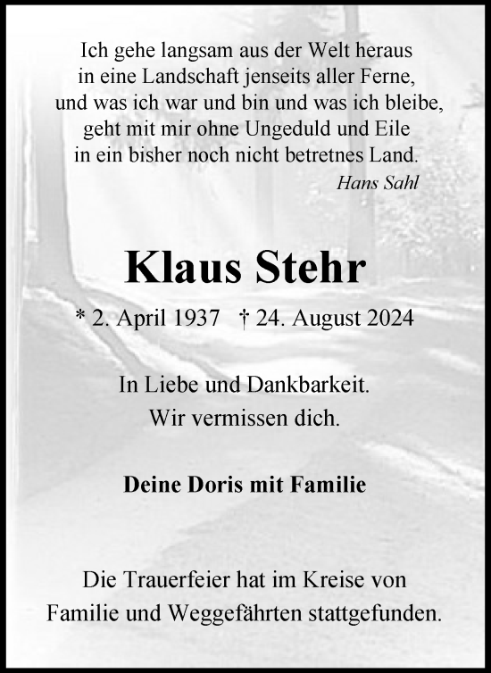 Traueranzeige von Klaus Stehr von Tageszeitung