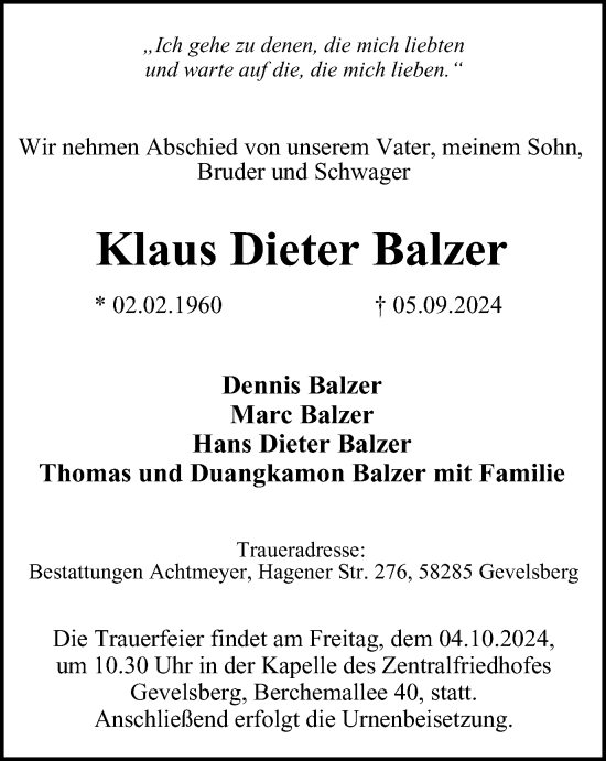 Traueranzeige von Klaus Dieter Balzer von Tageszeitung