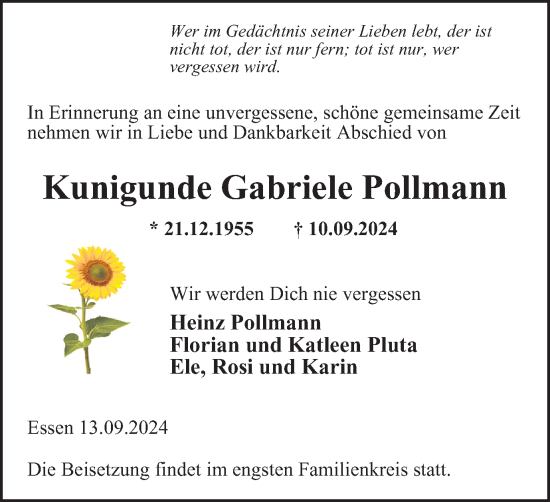 Traueranzeige von Kunigunde  Pollmann von Tageszeitung