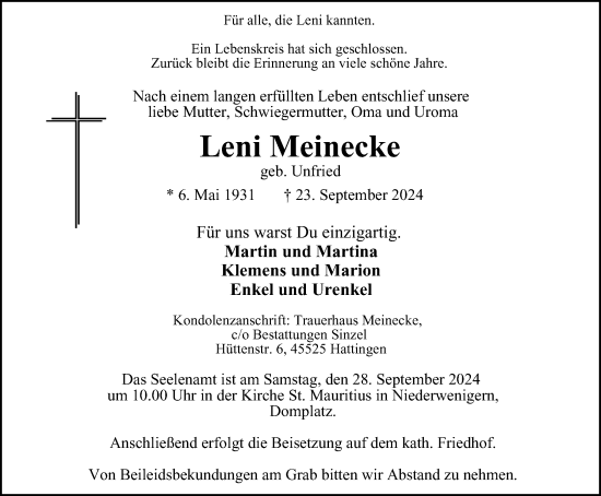 Traueranzeige von Leni Meinecke von Tageszeitung