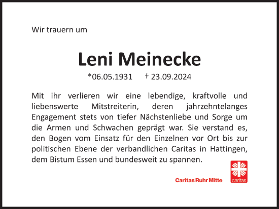 Traueranzeige von Leni Meinecke von Tageszeitung