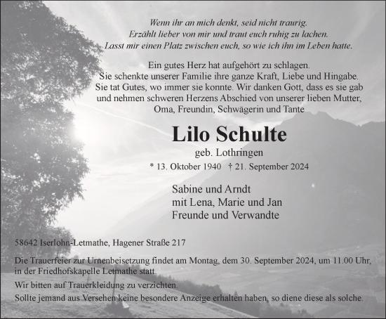 Traueranzeige von Lilo Schulte von Tageszeitung