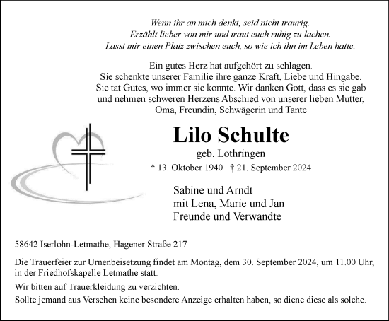 Traueranzeige von Lilo Schulte von Tageszeitung