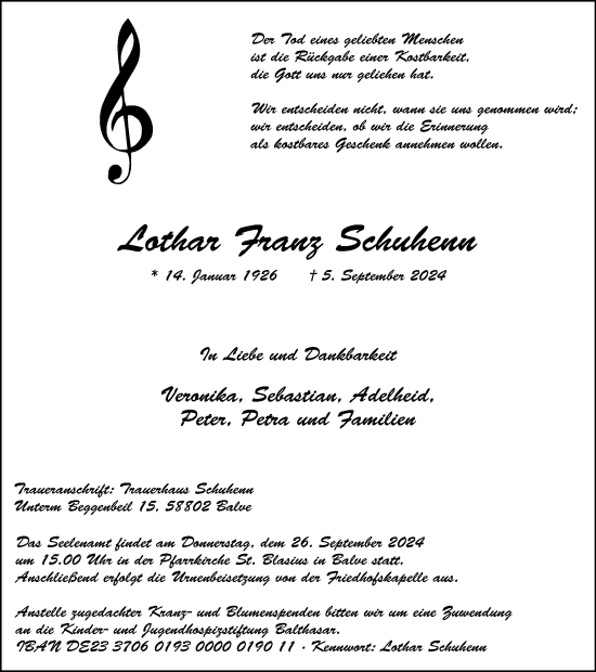 Traueranzeige von Lothar Franz Schuhenn von Tageszeitung