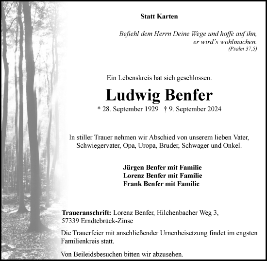 Traueranzeige von Ludwig Benfer von Tageszeitung