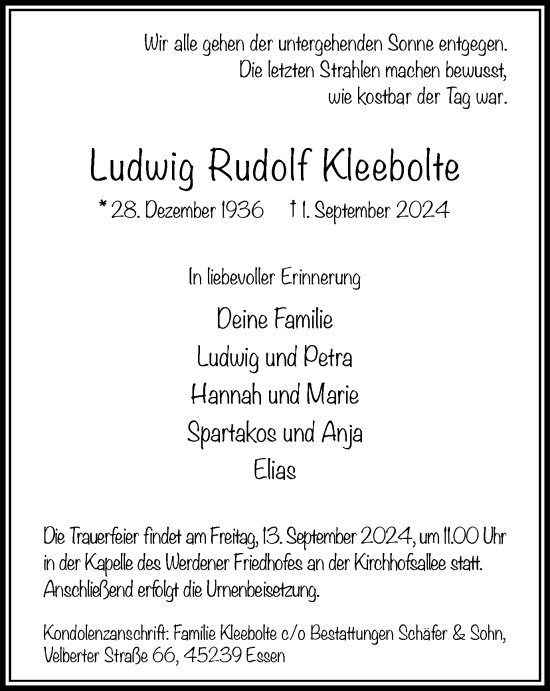 Traueranzeige von Ludwig Rudolf Kleebotte von Tageszeitung