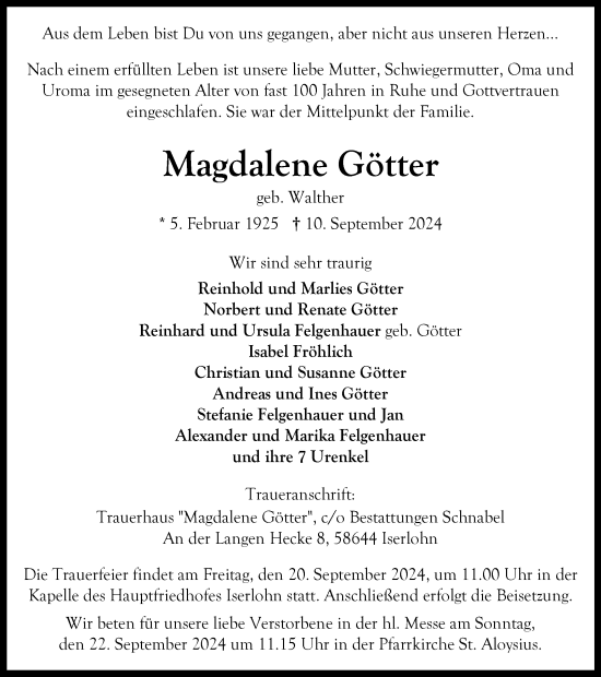 Traueranzeige von Magdalene Götter von Tageszeitung