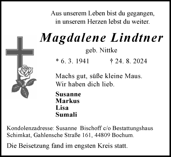Traueranzeige von Magdalene Lindtner von Tageszeitung