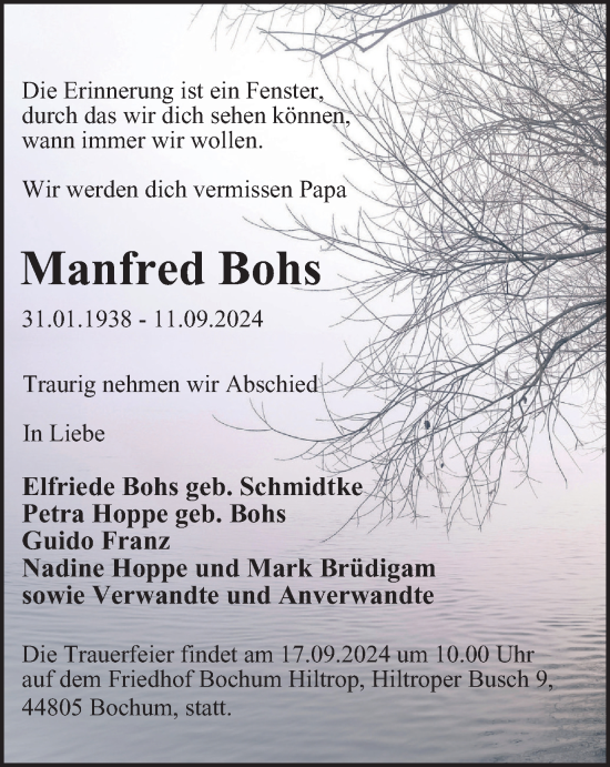 Traueranzeige von Manfred Bohs von Tageszeitung