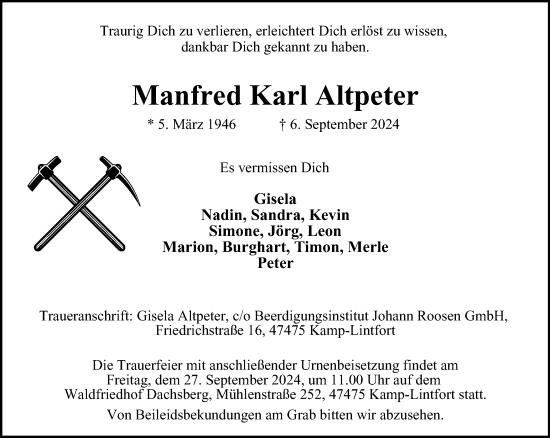 Traueranzeige von Manfred Karl Altpeter von Tageszeitung