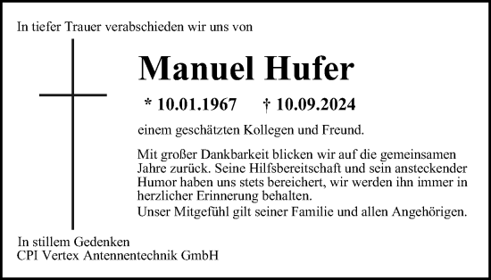 Traueranzeige von Manuel Hufer von Tageszeitung