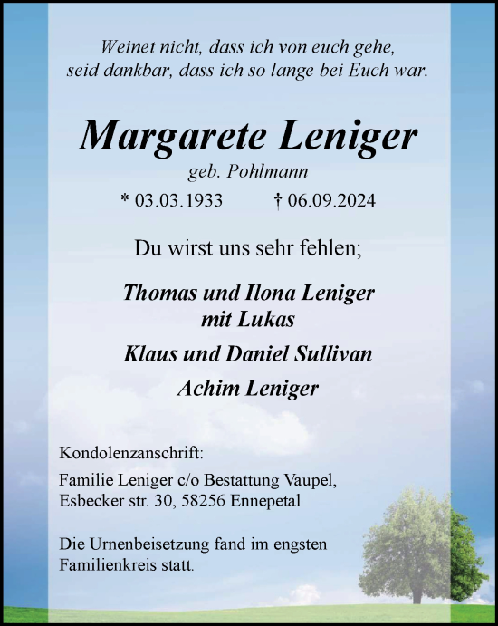 Traueranzeige von Margarete Leniger von Tageszeitung