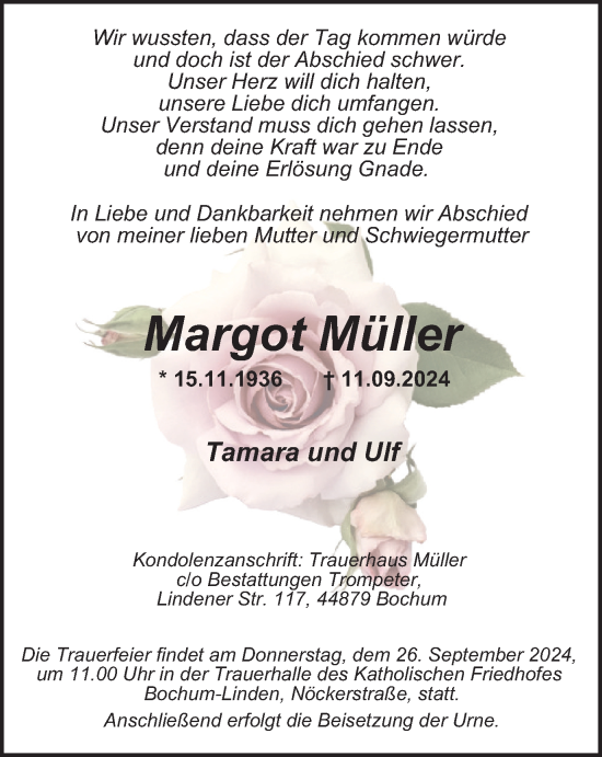 Traueranzeige von Margot Müller von Tageszeitung