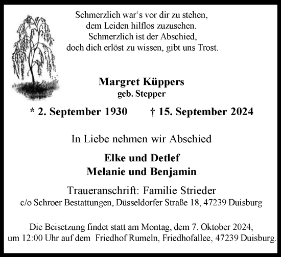 Traueranzeige von Margret Küppers von Tageszeitung