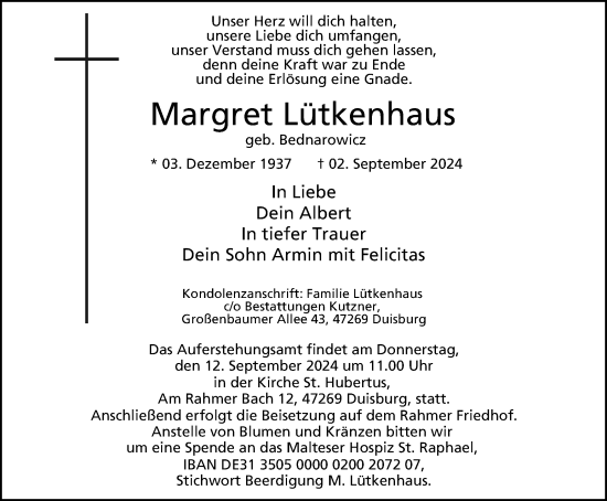 Traueranzeige von Margret Lütkenhaus von Tageszeitung