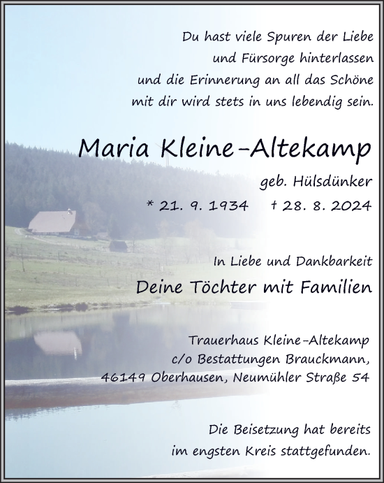Traueranzeige von Maria Kleine-Altekamp von Tageszeitung