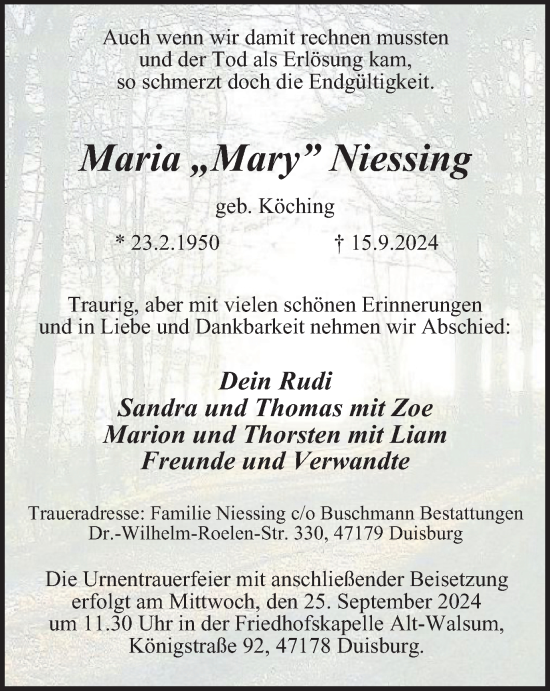 Traueranzeige von Maria Niessing von Tageszeitung