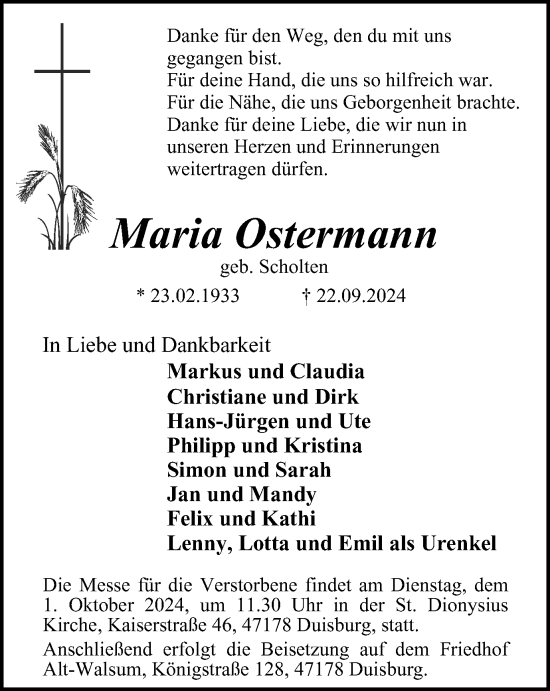 Traueranzeige von Maria Ostermann von Tageszeitung