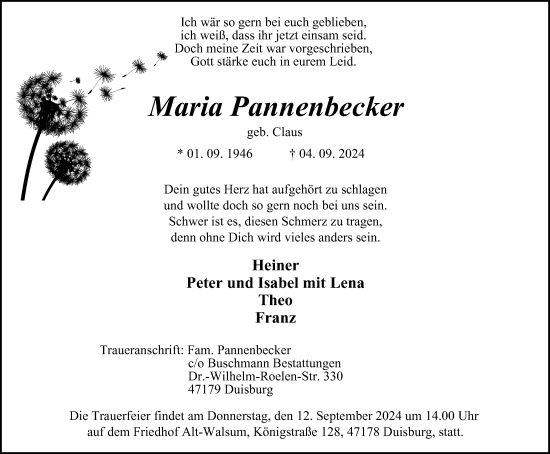 Traueranzeige von Maria Pannenbecker von Tageszeitung