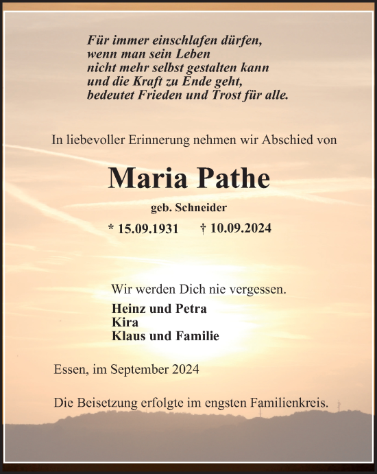 Traueranzeige von Maria Pathe von Tageszeitung