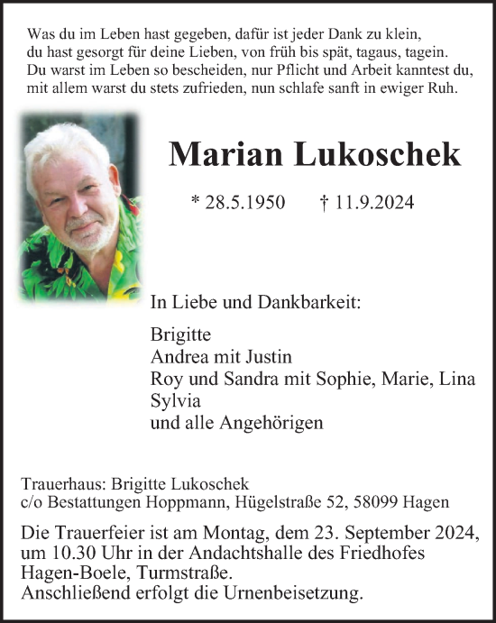 Traueranzeige von Marian Lukoschek von Tageszeitung