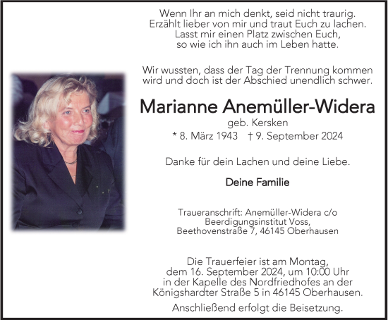 Traueranzeige von Marianne Anemüller-Widera von Tageszeitung