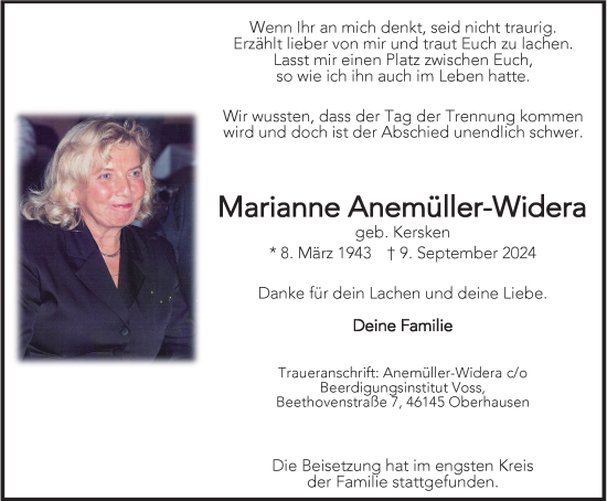 Traueranzeige von Marianne Anemüller-Widera von Tageszeitung