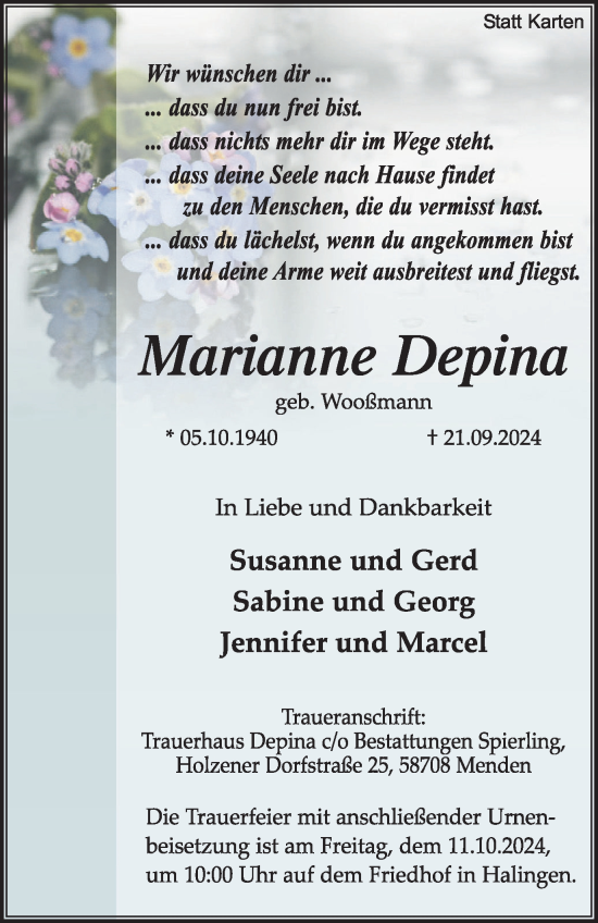 Traueranzeige von Marianne Depina von Tageszeitung
