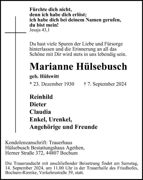 Traueranzeige von Marianne Hülsebusch von Tageszeitung