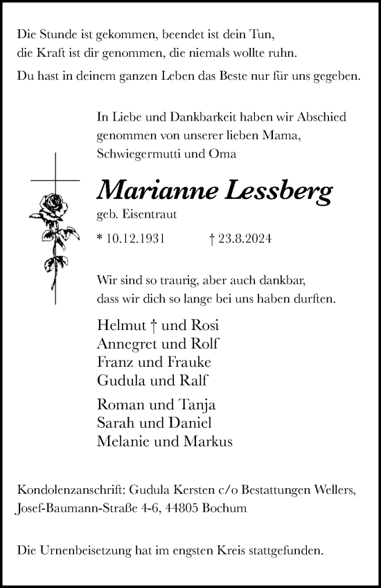 Traueranzeige von Marianne Lessberg von Tageszeitung
