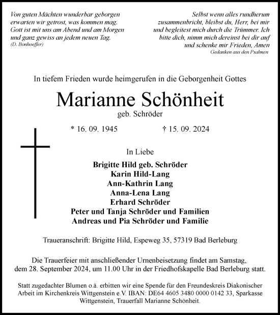 Traueranzeige von Marianne Schönheit von Tageszeitung